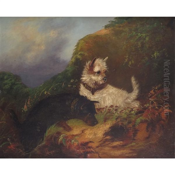 Two Terriers Rabbiting Oil Painting by J. Langlois