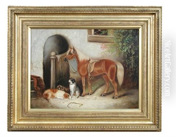 A Chestnut Pony With Spaniels By A Stable Door Oil Painting by J. Langlois