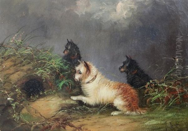 Terriers Beside A Rabbit Hole Oil Painting by J. Langlois