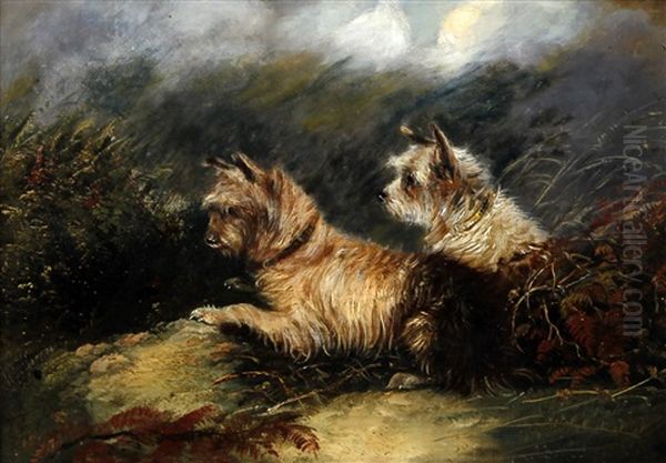 Terriers By A Rabbit Hole (+ Another Similar; Pair) Oil Painting by J. Langlois