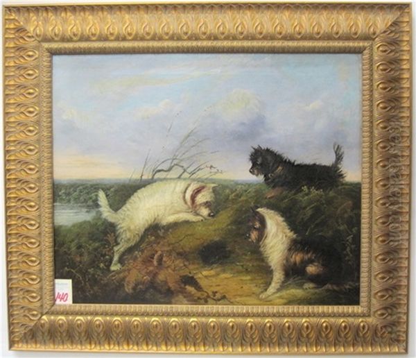 Three Terriers Waiting At A Rabbit Hole Oil Painting by J. Langlois