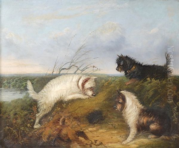 Terriers Rabbiting, Waiting At A Rabbit Hole Oil Painting by J. Langlois