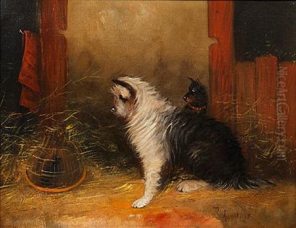 Terriers Ratting (+ Another; Pair) Oil Painting by J. Langlois