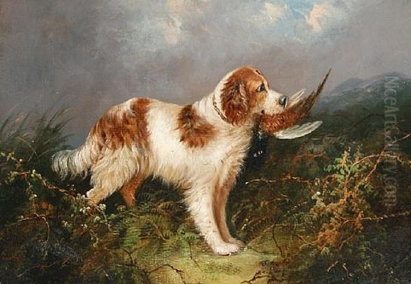 A Setter With A Pheasant (+ Two Dogs In A Stable; Pair) Oil Painting by J. Langlois