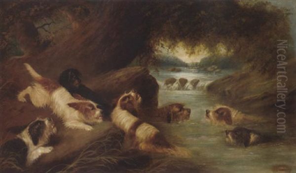 Spaniels By A River Oil Painting by J. Langlois