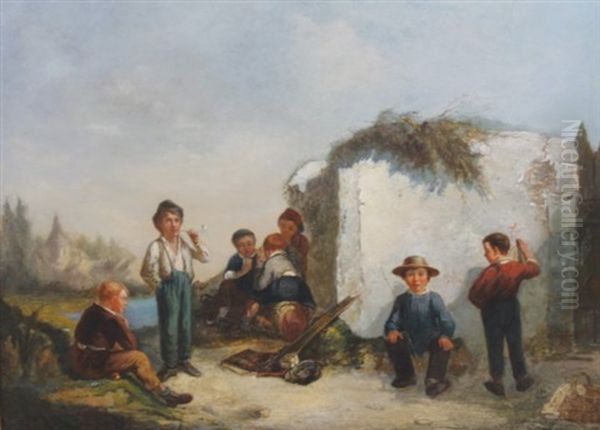 Children Playing Oil Painting by Jean-Charles (Col.) Langlois