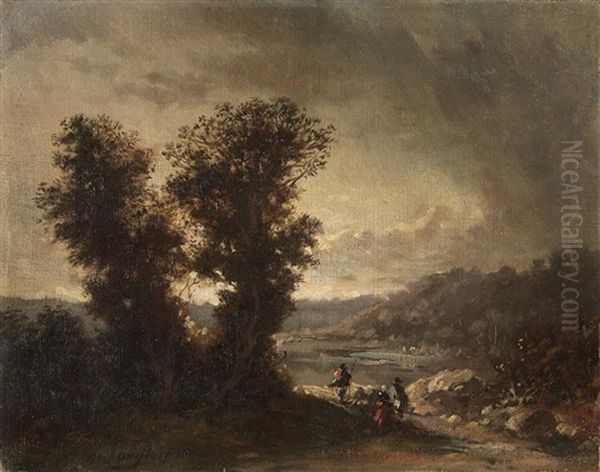 Landscape With Travellers Oil Painting by Jean-Charles (Col.) Langlois