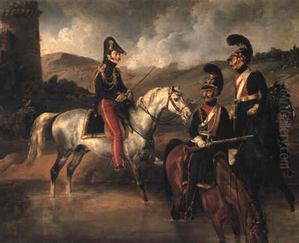 French Officer And Troopers, Probably In A Penninsular War Setting Oil Painting by Jean-Charles (Col.) Langlois