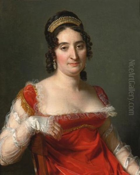 Portrait Of A Lady, Half-length Seated, Dressed In A Red Dress With Tulle Sleeves And Gold Trim And Wearing A Tiara Oil Painting by Jerome-Martin Langlois