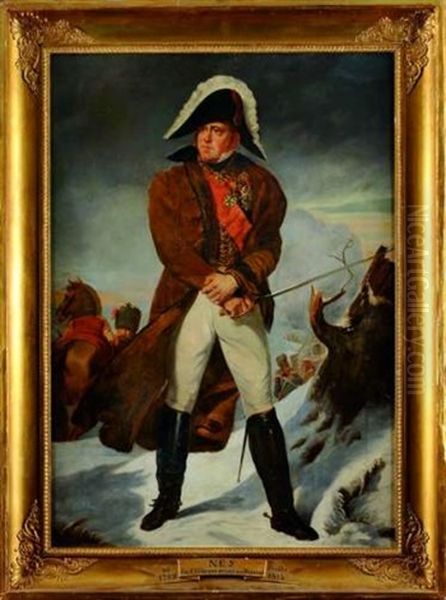 Portrait Du Marechal Ney, Duc D'elchingen, Prince De La Moskowa Durant La Retraite De Russie Portant L'ordre De La Legion D'honneur Et La Couronne De Fer Oil Painting by Jerome-Martin Langlois