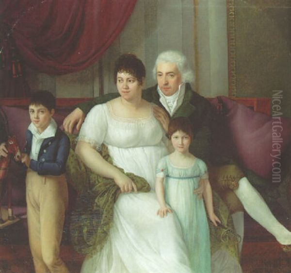 Portrait Of A Gentleman, His Wife And Two Children In An Interior Oil Painting by Jerome-Martin Langlois