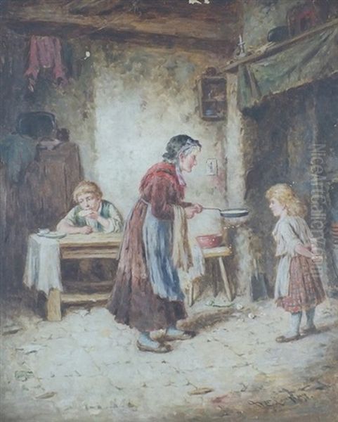 Cottage Interior With Old Lady Making Pancakes Oil Painting by Mark William Langlois