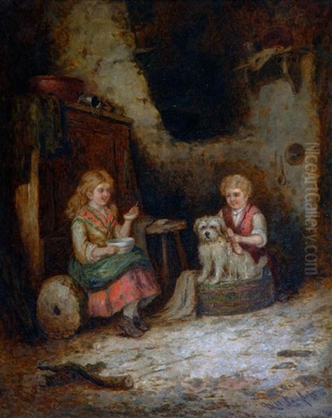 Children With Birds Nest And Children In An Interior With A Dog (pair) Oil Painting by Mark William Langlois