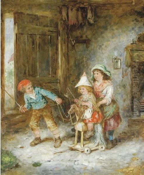 The Hobby Horse (+ Feeding The Baby Chicks; Pair) Oil Painting by Mark William Langlois