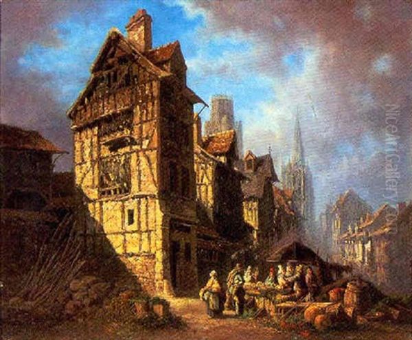 Rouen Street View - Vegetable Market Oil Painting by Paul Langlois