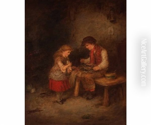 Interior Scene With Two Children And Birds Nest Oil Painting by Mark William Langois