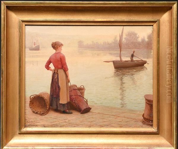 I Vantan Vid Farjelagret Oil Painting by Jean A. Langrand