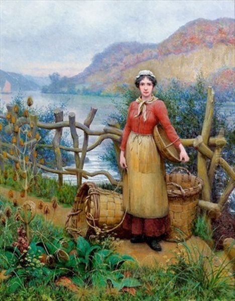 Junge Frau Mit Korben Am Flussufer Oil Painting by Jean A. Langrand