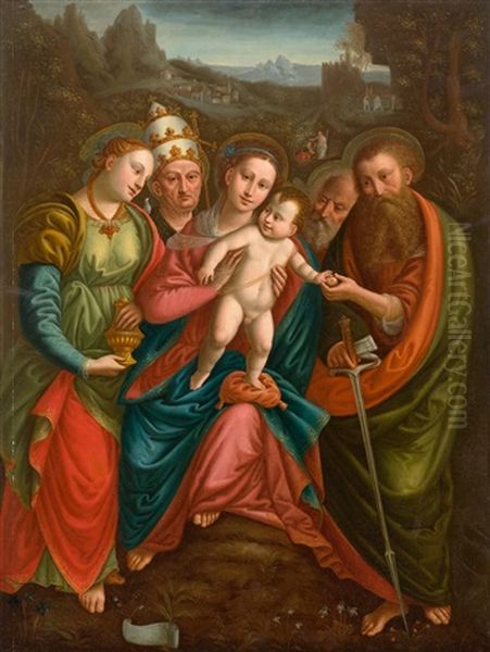 Madonna And Child With Saints In A Landscape Oil Painting by Bernardino Lanino