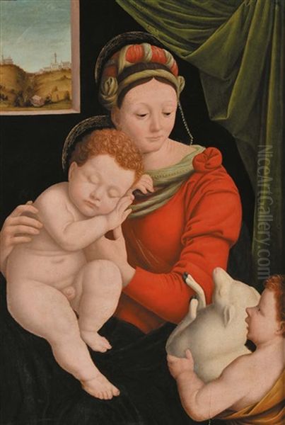 Madonna, Bimbo E San Giovannino Oil Painting by Bernardino Lanino