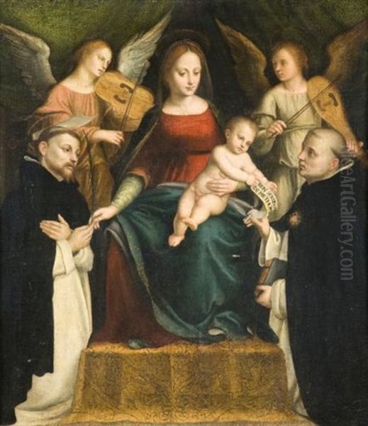 La Vierge Et L'enfant En Trone Entre Deux Anges Musiciens, Saint Pierre Martyr Et Saint Thomas D'aquin Oil Painting by Bernardino Lanino