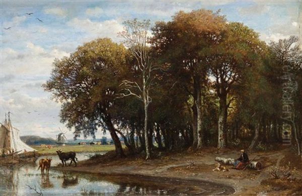 Berger Au Bord De La Riviere Et Moulin A Vent Oil Painting by Felix-Hippolyte Lanoue