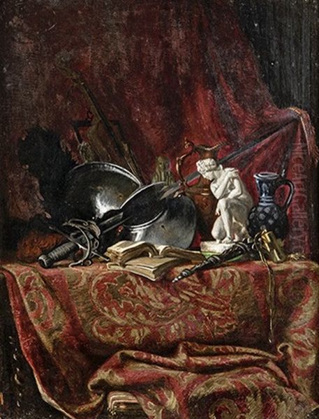 Nature Morte Aux Objets D'art, Sculpture Et Cuirasse Sur Un Tapis Oil Painting by Felix-Hippolyte Lanoue