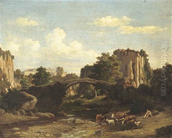 A Herder Resting In An Italianate Landscape Oil Painting by Felix-Hippolyte Lanoue