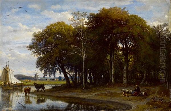 Flusslandschaft Bei Barbizon Oil Painting by Felix-Hippolyte Lanoue