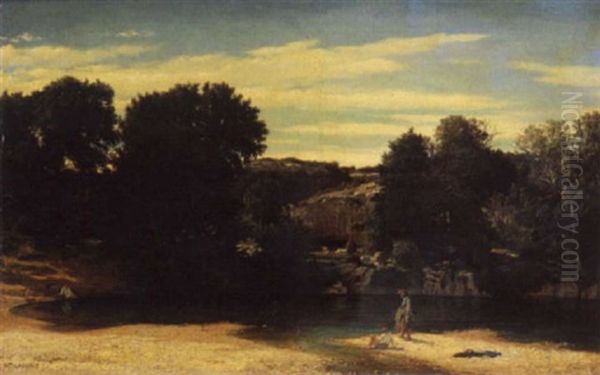 Pecheur Au Bord Du Lac Oil Painting by Felix-Hippolyte Lanoue