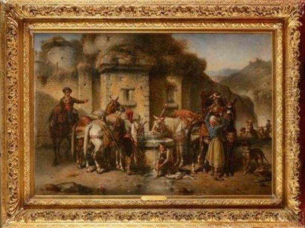 Muletiers Espagnols Ramenant Un Chef De Guerillas Blesse Oil Painting by Francois Emile de Lansac