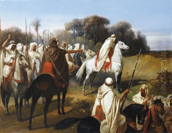 Preparing For Battle (possibly Abd-el-kader And His Troops) Oil Painting by Francois Emile de Lansac