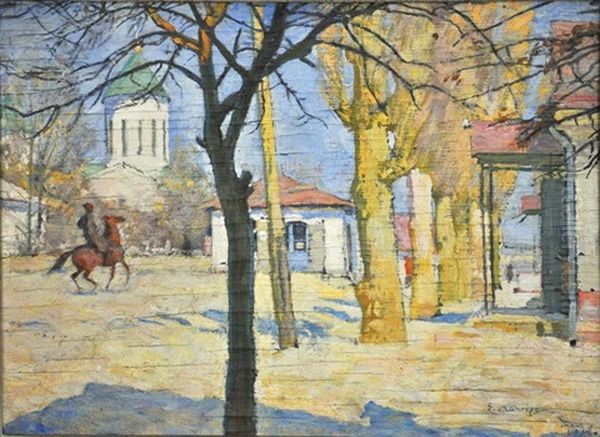 Temir-khan-choura (cavalier Sur La Place Du Village) Oil Painting by Evgeni Evgen'evich Lansere