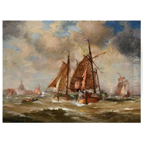 Boats Entering The Harbor Of Dordeche Oil Painting by Walter Franklin Lansil