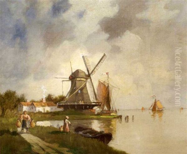 Old Mill At Dordrecht, Holland Oil Painting by Walter Franklin Lansil