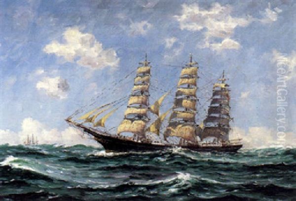 A Bark Rig Ship Oil Painting by Walter Franklin Lansil