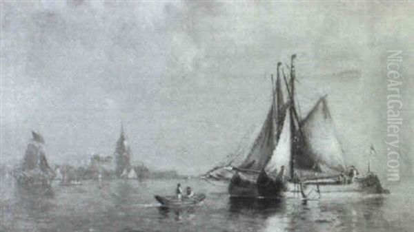 In Dordrecht Harbor - Holland Oil Painting by Walter Franklin Lansil