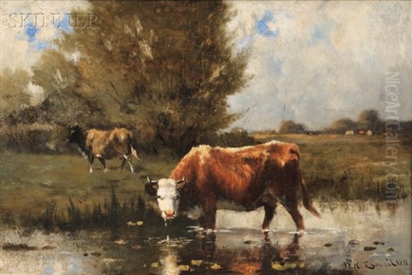 Cows Watering Oil Painting by Wilbur H. Lansil