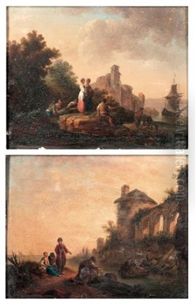 Personnages Dans Des Ruines Antiques (pair) Oil Painting by Simon Mathurin Lantara