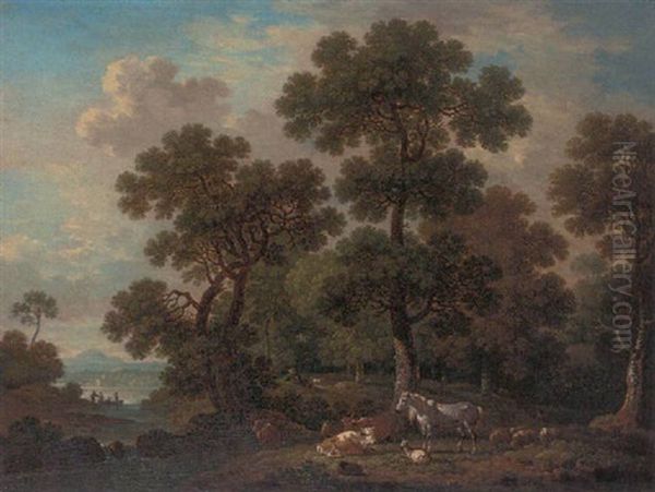 A Wooded Landscape With A Shepherd And Cattle, Sheep, And A Horse By A River Oil Painting by Simon Mathurin Lantara