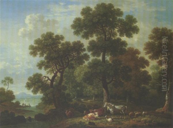 A Wooded Landscape With Cattle, Sheep And Horses Resting On The Banks Of A River, A Lake Beyond Oil Painting by Simon Mathurin Lantara