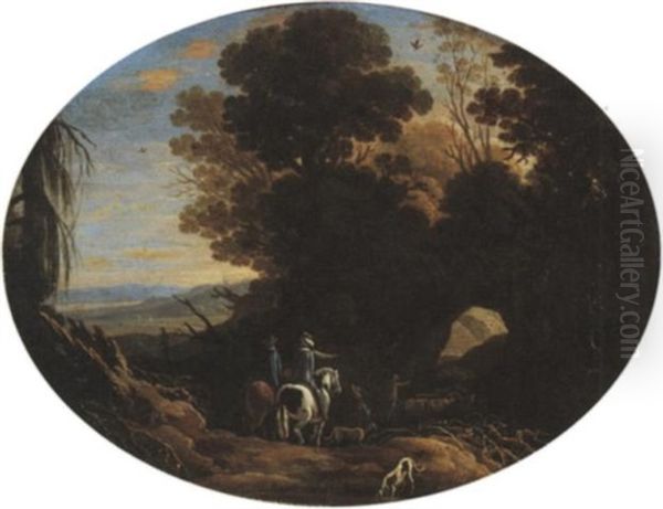 A Wooded Landscape With Figures On Horseback And A Shepherd By A Grotto Oil Painting by Simon Mathurin Lantara