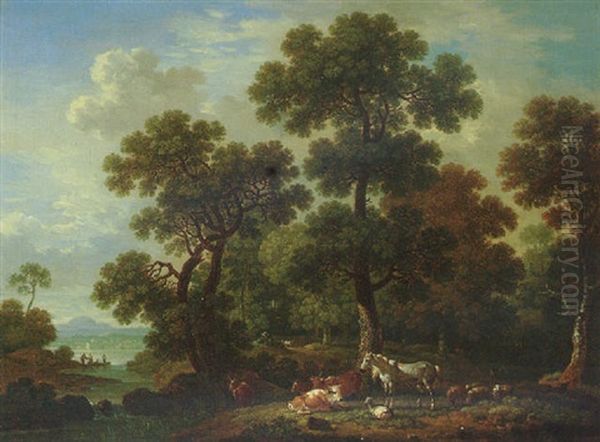 A Wooded Landscape With Cattle, Sheep And Horses Resting On The Banks Of A River, A Lake Beyond Oil Painting by Simon Mathurin Lantara