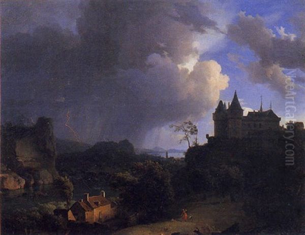 Scene D'orage Dans Un Paysage Avec Un Lac Et Un Chateau Oil Painting by Simon Mathurin Lantara