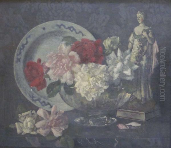 Roses & Staffordshire Figure' Oil Painting by George Frederick A. Belcher