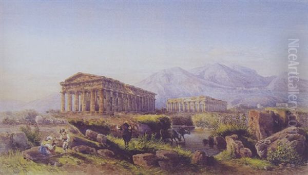 De To Doriske Templer Ved Paestum, I Forgrunden Hyrder Og Kvaeg Oil Painting by Giovanni Lanza