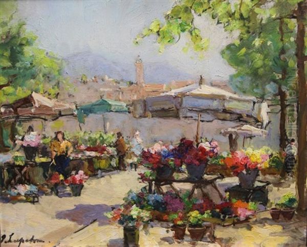 Marche Aux Fleurs Oil Painting by Georgi Alexandrovich Lapchine