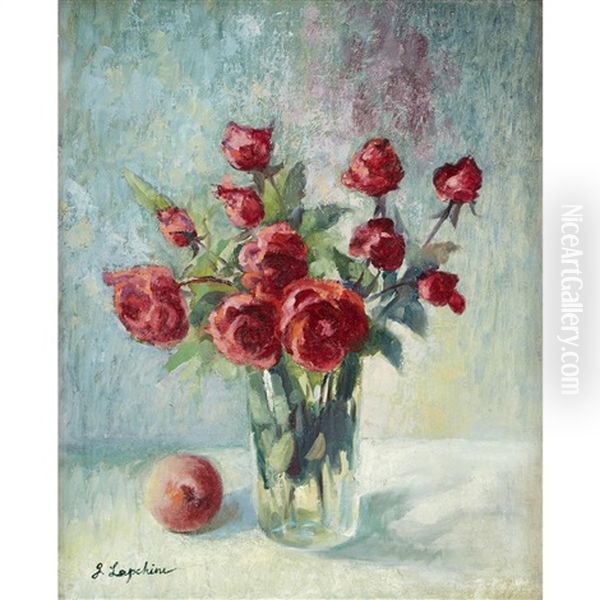 Still Life With Vase Of Roses And Fruit Oil Painting by Georgi Alexandrovich Lapchine