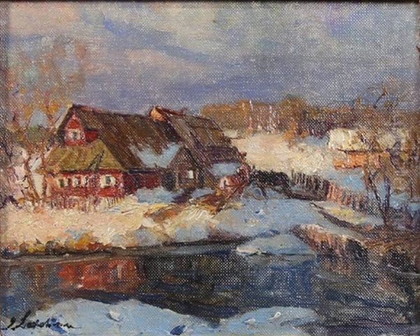 Red House Along A Snowy Waterfront Oil Painting by Georgi Alexandrovich Lapchine