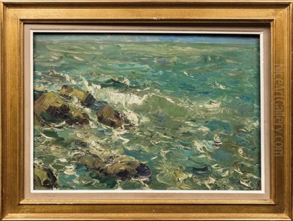 Les Flots Submergeant Les Rochers Oil Painting by Georgi Alexandrovich Lapchine